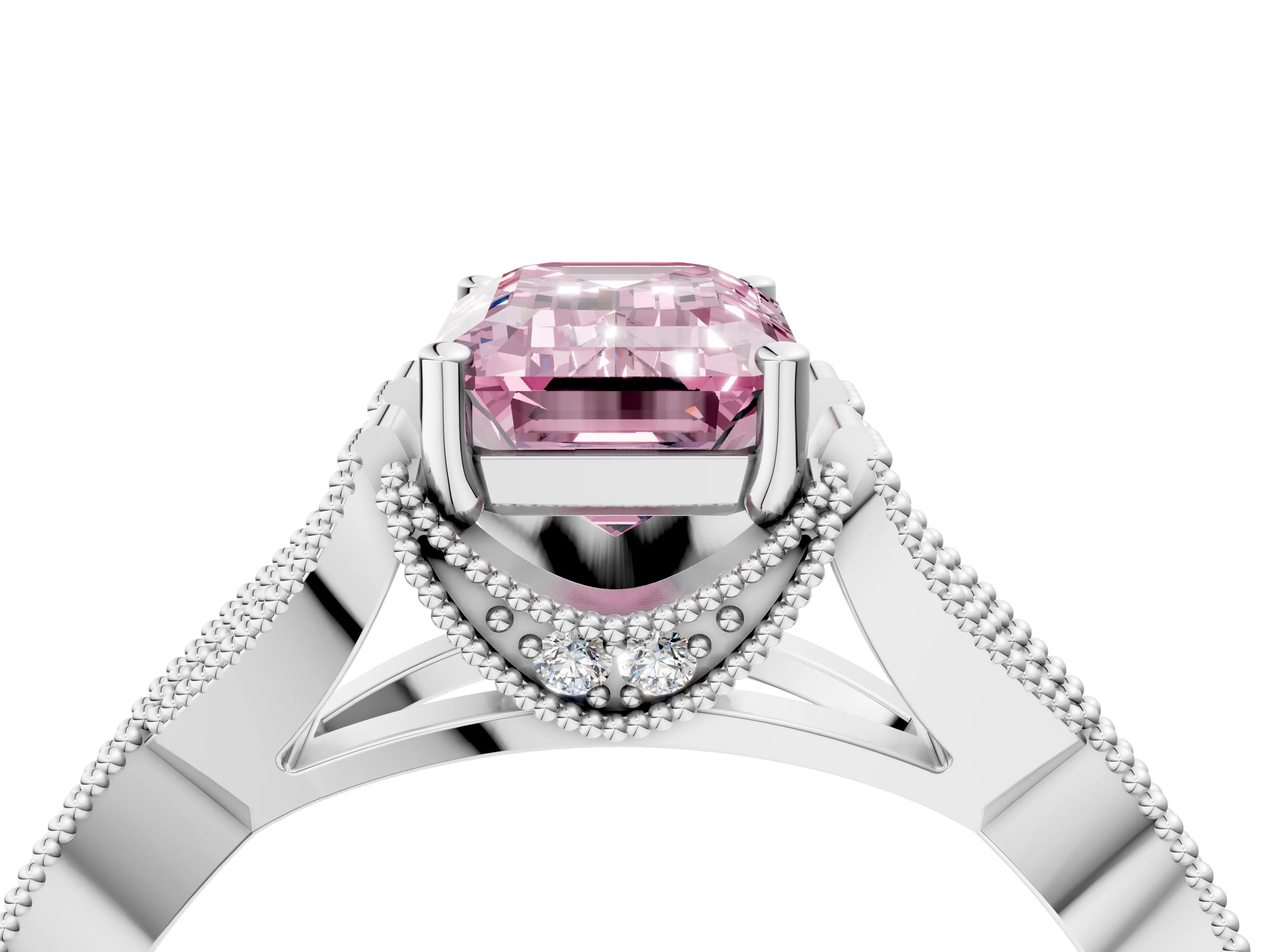 White gold Fancy Pink Emerald Cut Cut Diamond Twisted Band with Milgrain Pave Setting and Four-Prong Setting_16