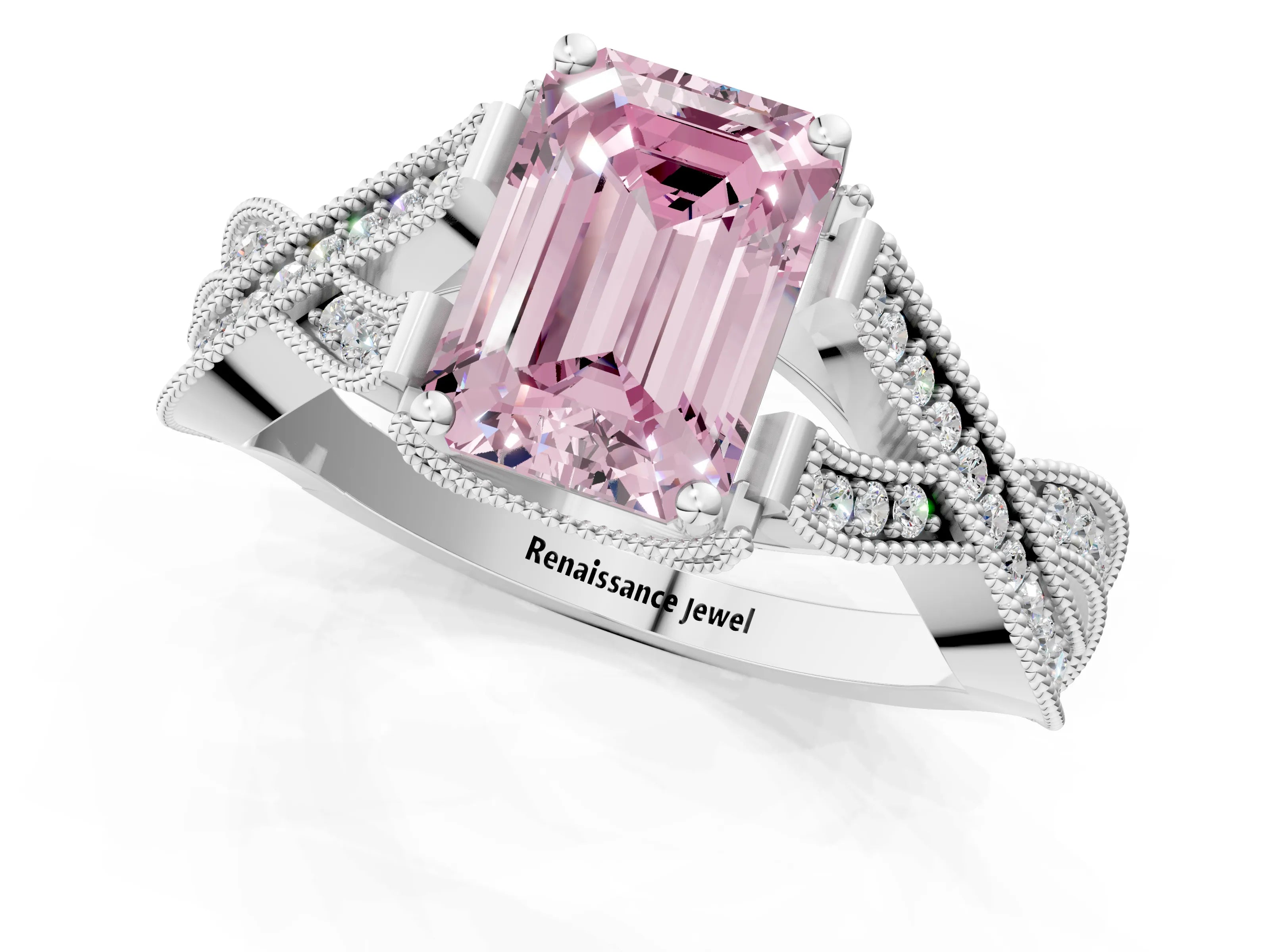 White gold Fancy Pink Emerald Cut Cut Diamond Twisted Band with Milgrain Pave Setting and Four-Prong Setting_1