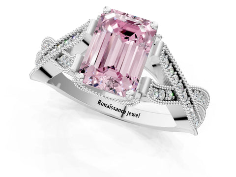 White gold Fancy Pink Emerald Cut Cut Diamond Twisted Band with Milgrain Pave Setting and Four-Prong Setting_1