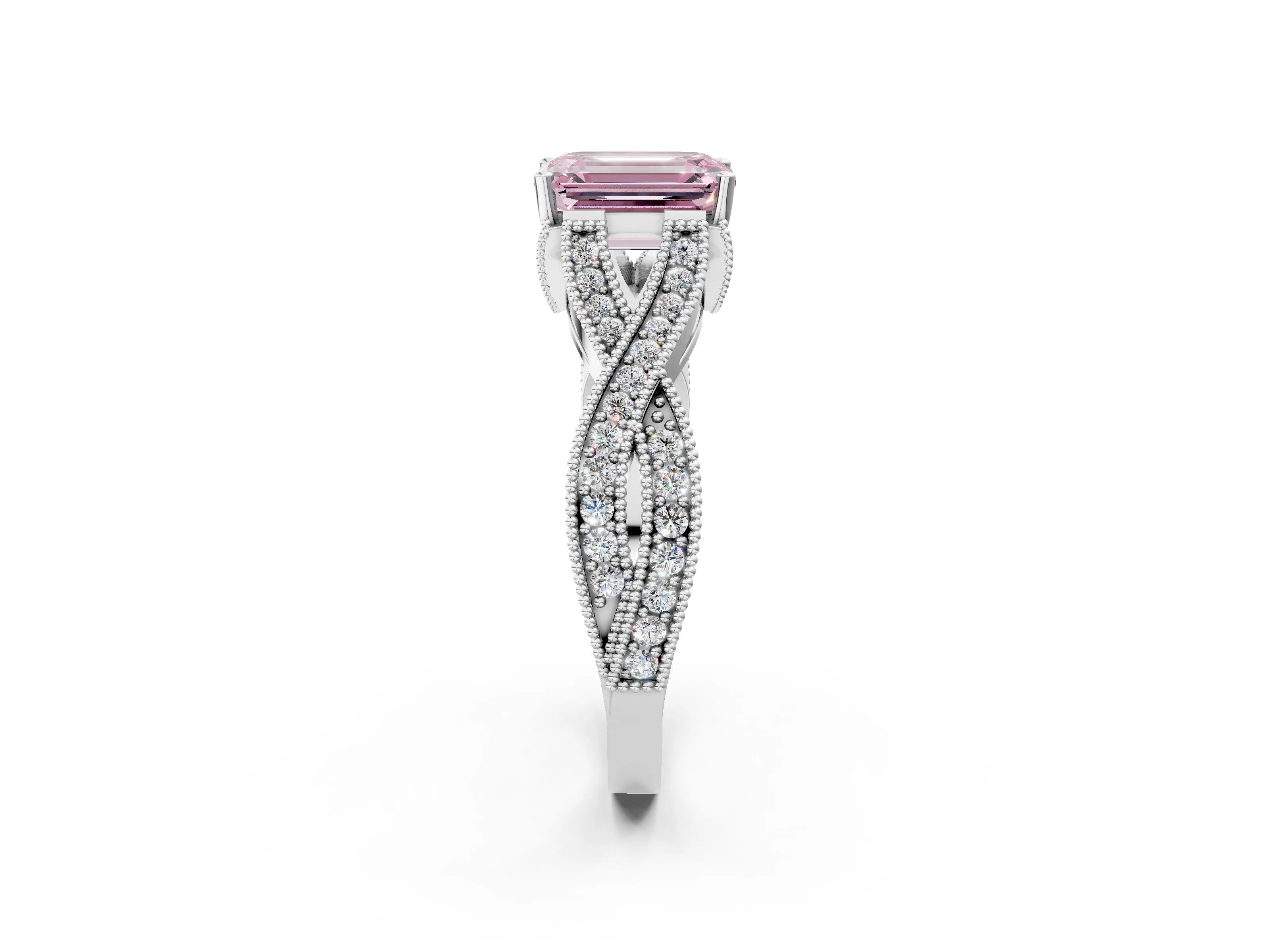 White gold Fancy Pink Emerald Cut Cut Diamond Twisted Band with Milgrain Pave Setting and Four-Prong Setting_2