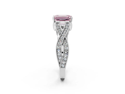 White gold Fancy Pink Emerald Cut Cut Diamond Twisted Band with Milgrain Pave Setting and Four-Prong Setting_2