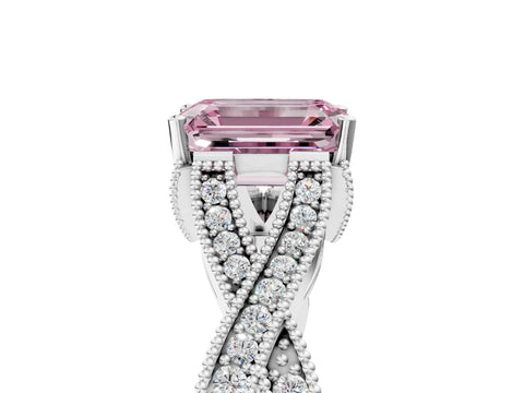 White gold Fancy Pink Emerald Cut Cut Diamond Twisted Band with Milgrain Pave Setting and Four-Prong Setting_5
