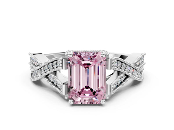 Platinum Fancy Pink Emerald Cut Cut Diamond Twisted Band with Milgrain Pave Setting and Four-Prong Setting