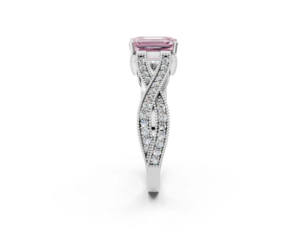 Platinum Fancy Pink Emerald Cut Cut Diamond Twisted Band with Milgrain Pave Setting and Four-Prong Setting