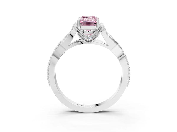 Platinum Fancy Pink Emerald Cut Cut Diamond Twisted Band with Milgrain Pave Setting and Four-Prong Setting