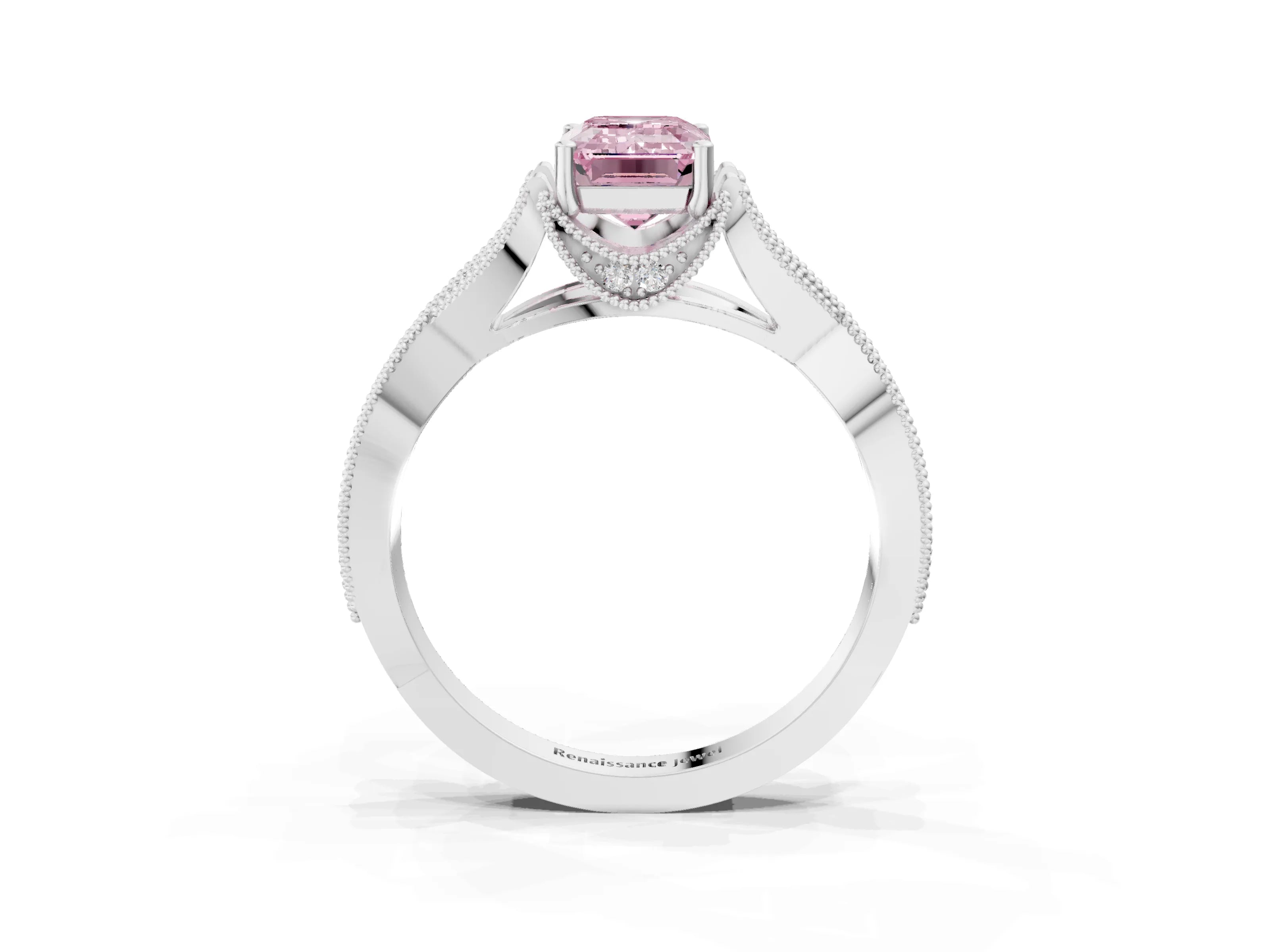 White gold Fancy Pink Emerald Cut Cut Diamond Twisted Band with Milgrain Pave Setting and Four-Prong Setting_9
