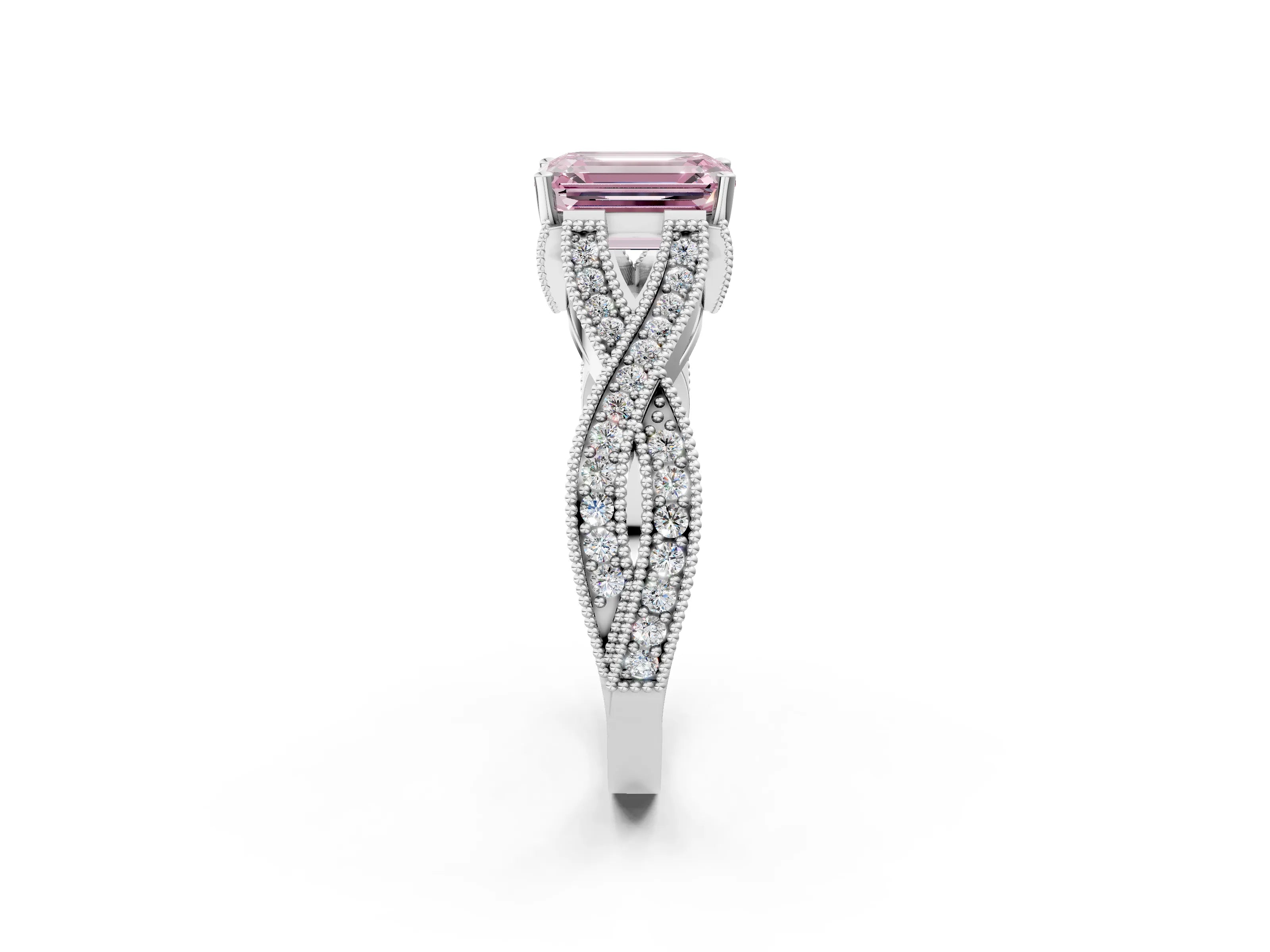 White gold Fancy Pink Emerald Cut Cut Diamond Twisted Band with Milgrain Pave Setting and Four-Prong Setting_9