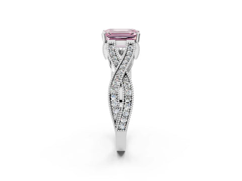 White gold Fancy Pink Emerald Cut Cut Diamond Twisted Band with Milgrain Pave Setting and Four-Prong Setting_9