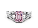 White gold Fancy Pink Emerald Cut Cut Diamond Twisted Band with Milgrain Pave Setting and Four-Prong Setting