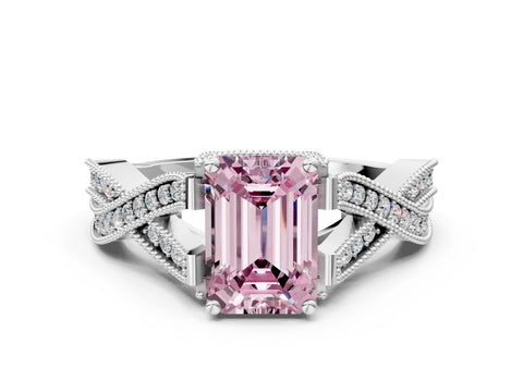 White gold Fancy Pink Emerald Cut Cut Diamond Twisted Band with Milgrain Pave Setting and Four-Prong Setting