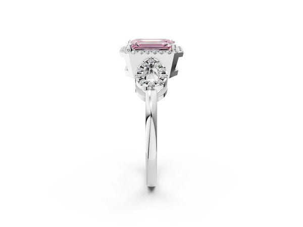 White gold Fancy Pink Emerald Cut Cut Halo Diamond Infinity Band with Four-Prong Setting