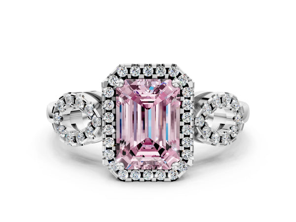 White gold Fancy Pink Emerald Cut Cut Halo Diamond Infinity Band with Four-Prong Setting