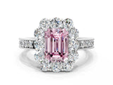 White gold Fancy Pink Emerald Cut Cut Halo Diamond Pavé Engagement Ring with Milgrain Detailing