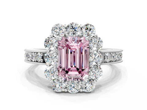 White gold Fancy Pink Emerald Cut Cut Halo Diamond Pavé Engagement Ring with Milgrain Detailing