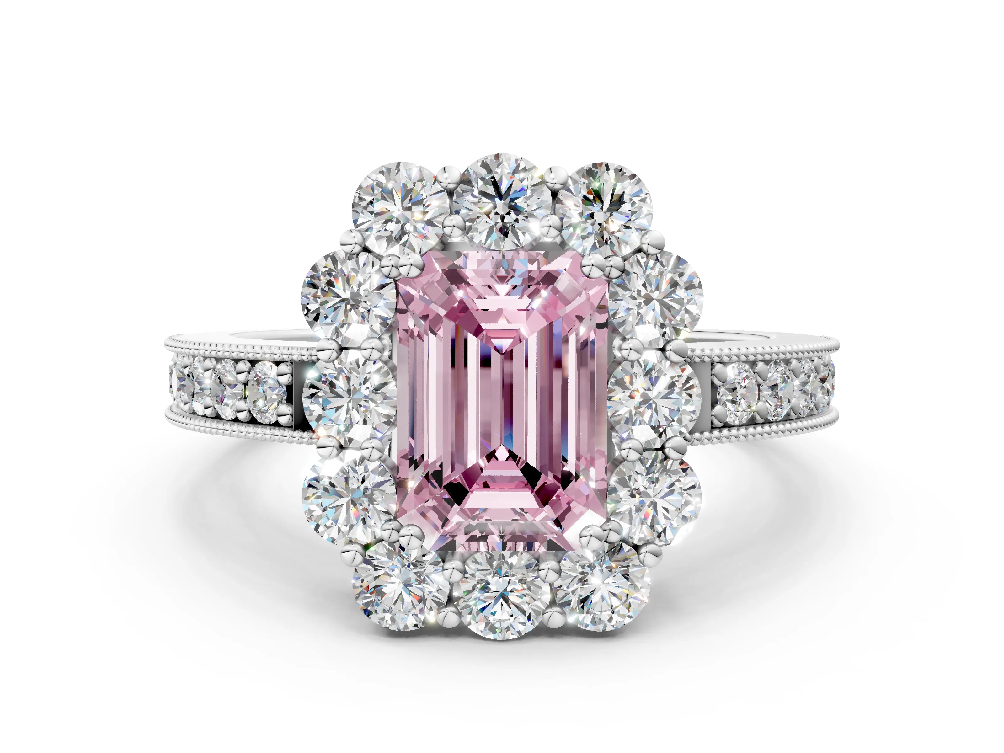 White gold Fancy Pink Emerald Cut Cut Halo Diamond Pavé Engagement Ring with Milgrain Detailing_12