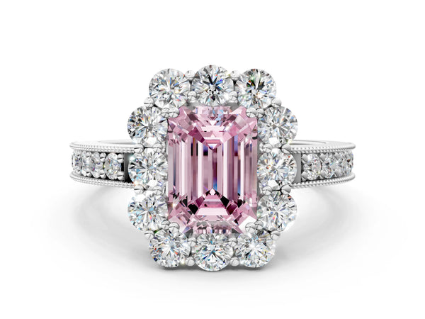 White gold Fancy Pink Emerald Cut Cut Halo Diamond Pavé Engagement Ring with Milgrain Detailing