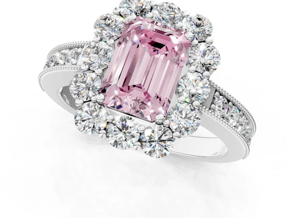 White gold Fancy Pink Emerald Cut Cut Halo Diamond Pavé Engagement Ring with Milgrain Detailing
