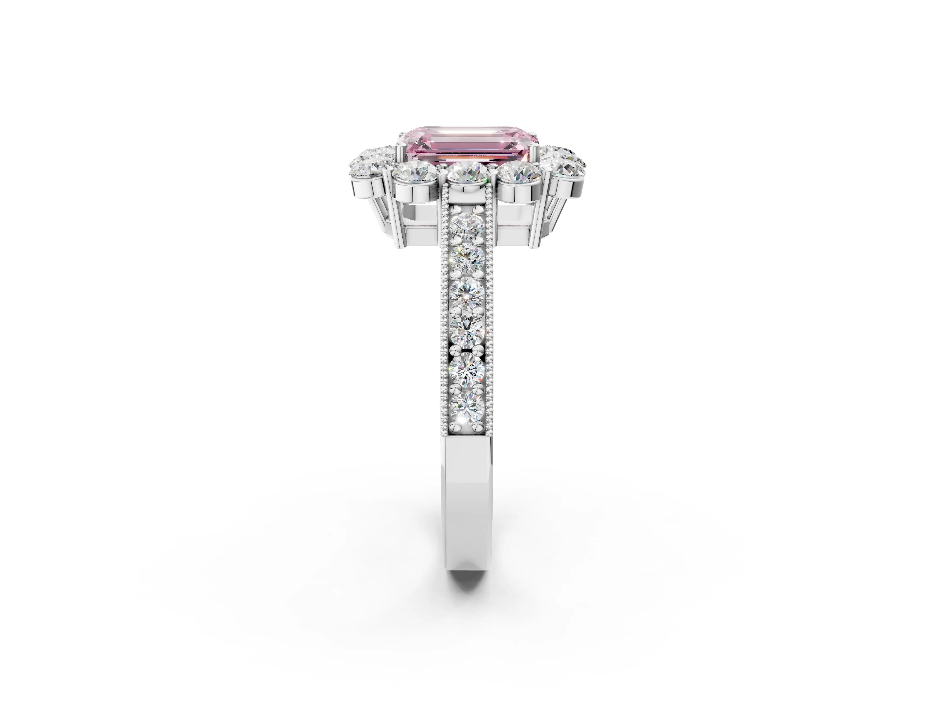 White gold Fancy Pink Emerald Cut Cut Halo Diamond Pavé Engagement Ring with Milgrain Detailing_14