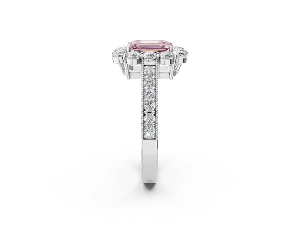 White gold Fancy Pink Emerald Cut Cut Halo Diamond Pavé Engagement Ring with Milgrain Detailing