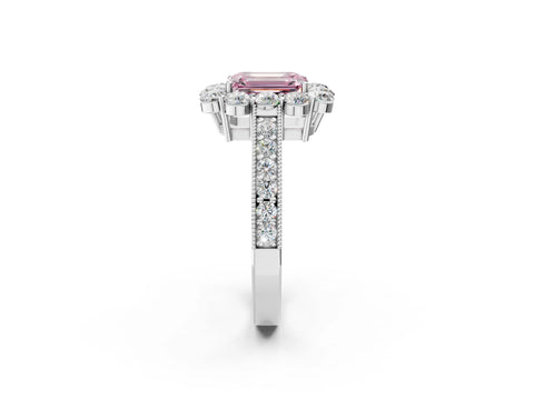 White gold Fancy Pink Emerald Cut Cut Halo Diamond Pavé Engagement Ring with Milgrain Detailing_14