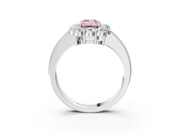 White gold Fancy Pink Emerald Cut Cut Halo Diamond Pavé Engagement Ring with Milgrain Detailing