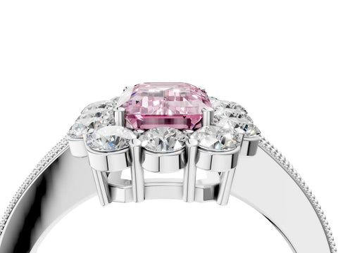 White gold Fancy Pink Emerald Cut Cut Halo Diamond Pavé Engagement Ring with Milgrain Detailing_16