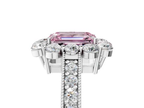 White gold Fancy Pink Emerald Cut Cut Halo Diamond Pavé Engagement Ring with Milgrain Detailing_17