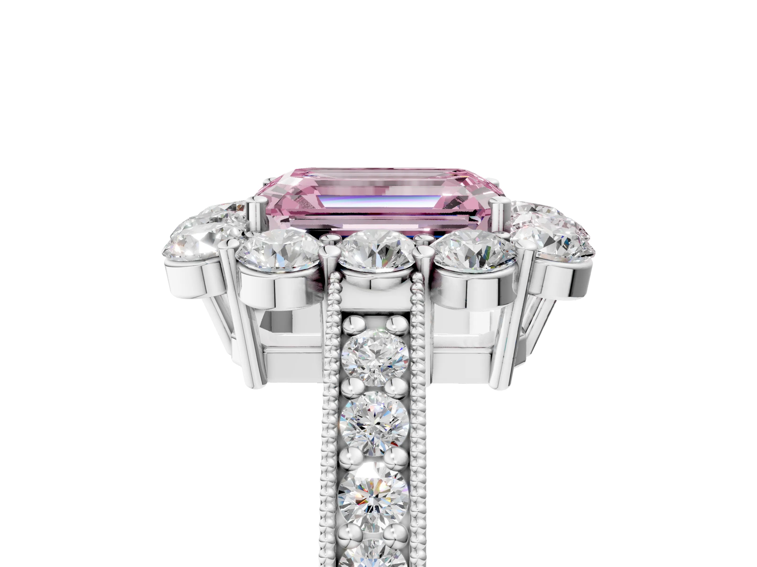 White gold Fancy Pink Emerald Cut Cut Halo Diamond Pavé Engagement Ring with Milgrain Detailing_17