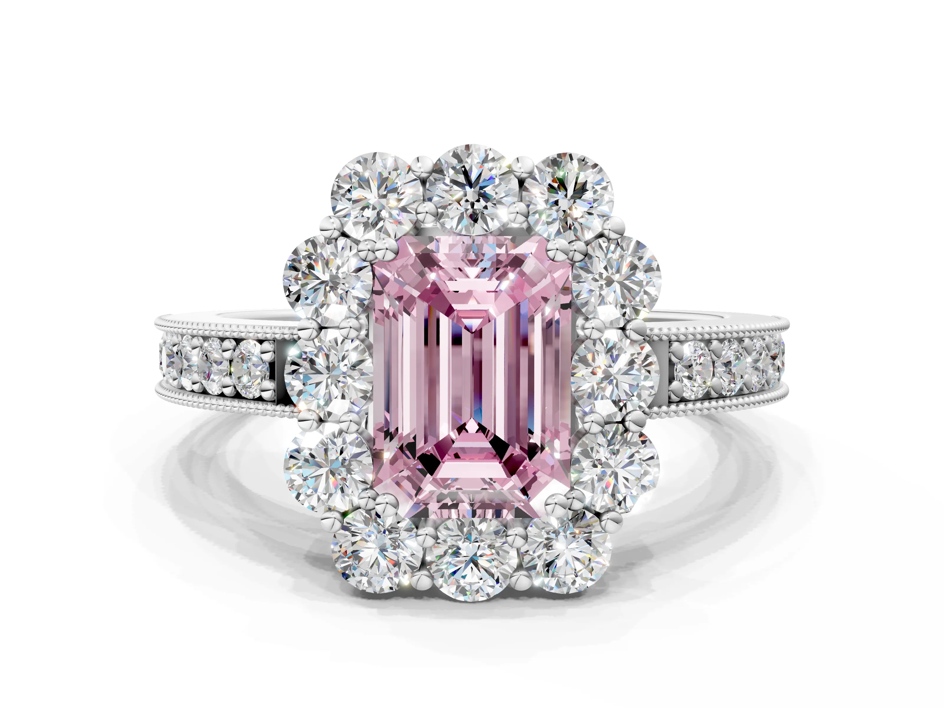 White gold Fancy Pink Emerald Cut Cut Halo Diamond Pavé Engagement Ring with Milgrain Detailing