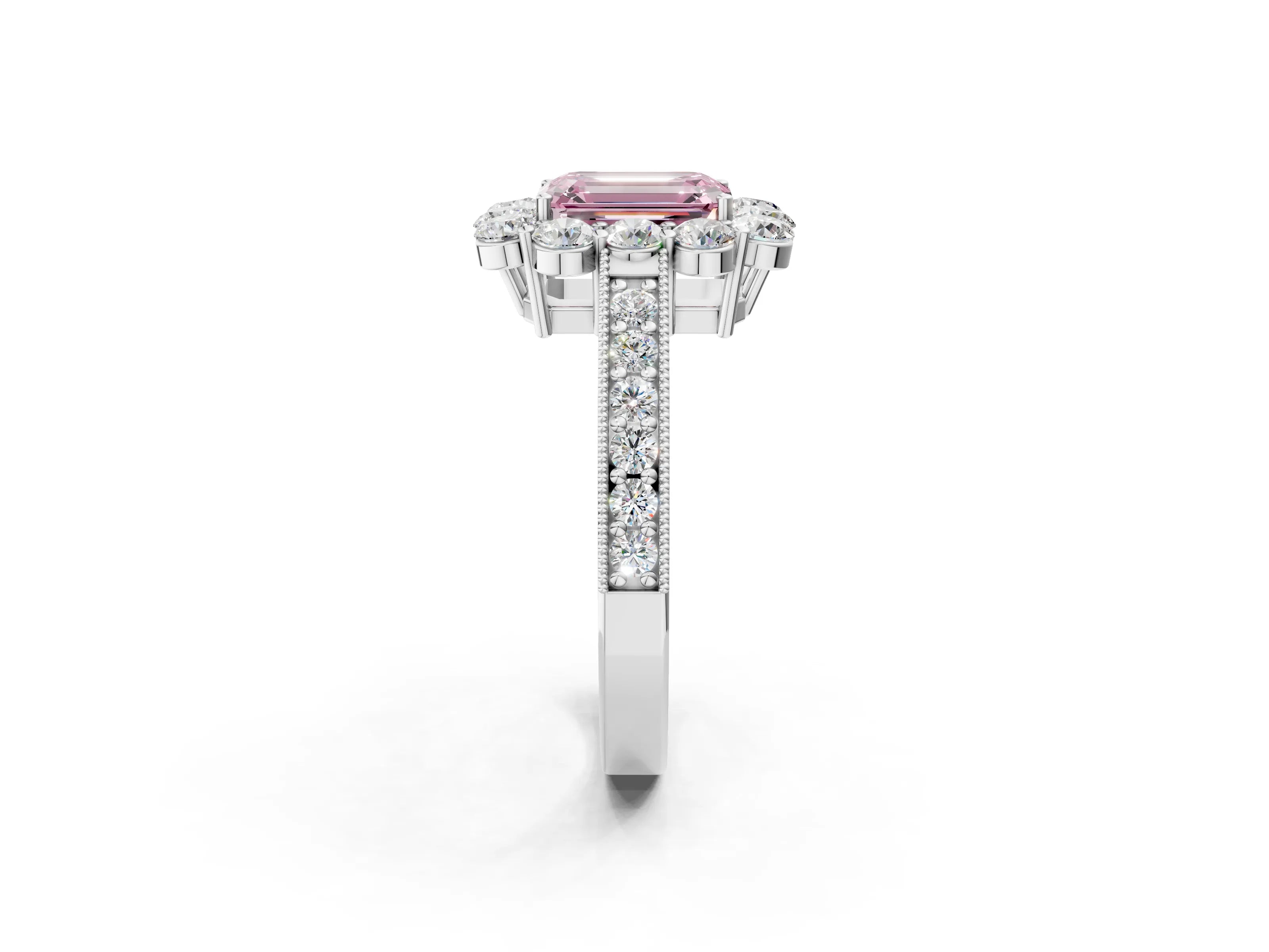 White gold Fancy Pink Emerald Cut Cut Halo Diamond Pavé Engagement Ring with Milgrain Detailing_2