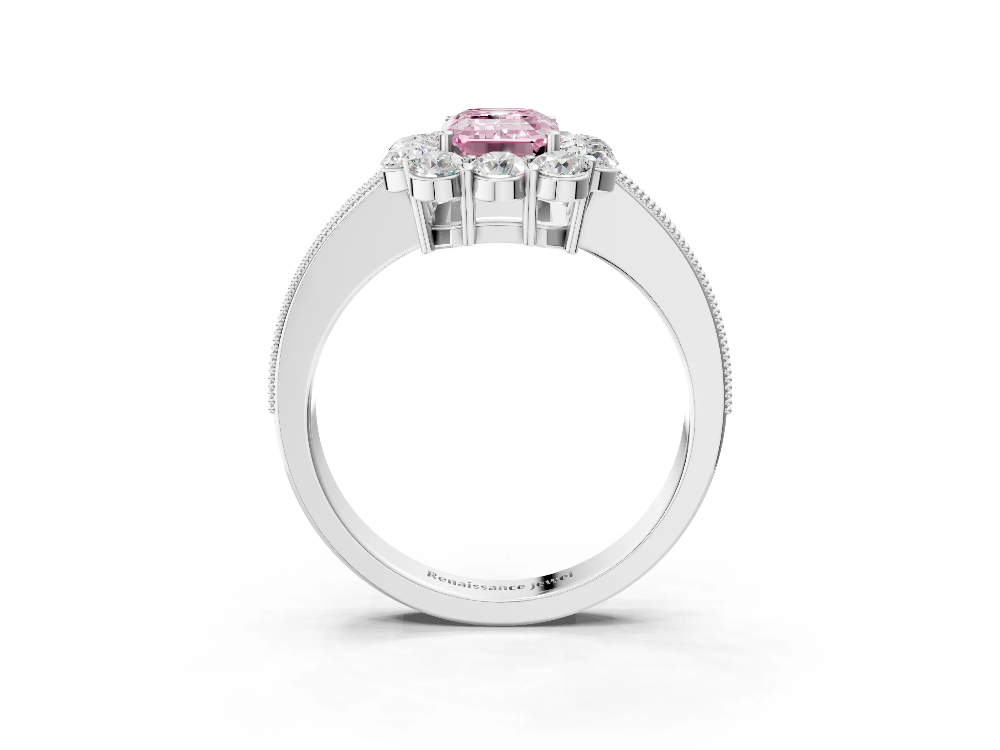 White gold Fancy Pink Emerald Cut Cut Halo Diamond Pavé Engagement Ring with Milgrain Detailing_3