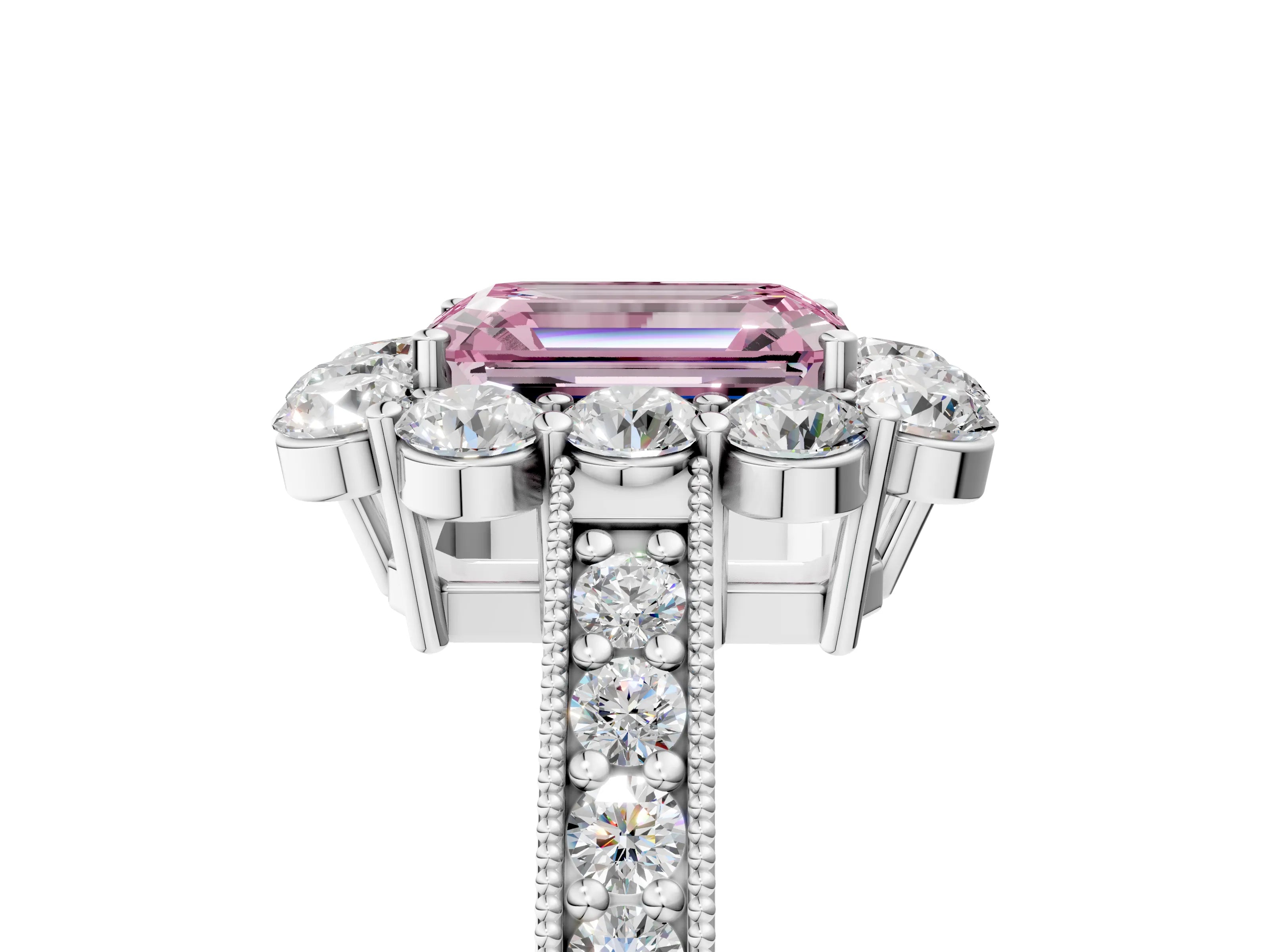 White gold Fancy Pink Emerald Cut Cut Halo Diamond Pavé Engagement Ring with Milgrain Detailing_5