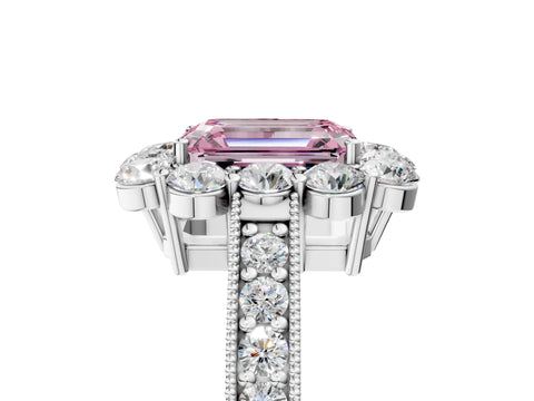 White gold Fancy Pink Emerald Cut Cut Halo Diamond Pavé Engagement Ring with Milgrain Detailing_5