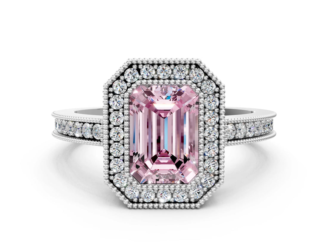White gold Fancy Pink Emerald Cut Cut Halo Pavé Diamond Ring