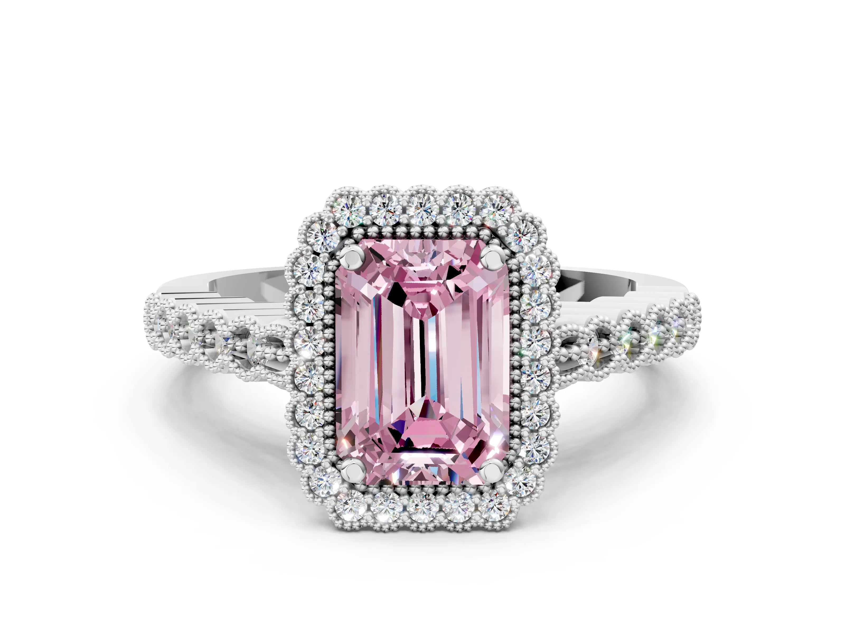 White gold Fancy Pink Emerald Cut Cut Halo Pavé Solitaire Ring with Milgrain Band_12