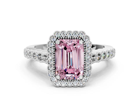 White gold Fancy Pink Emerald Cut Cut Halo Pavé Solitaire Ring with Milgrain Band_12