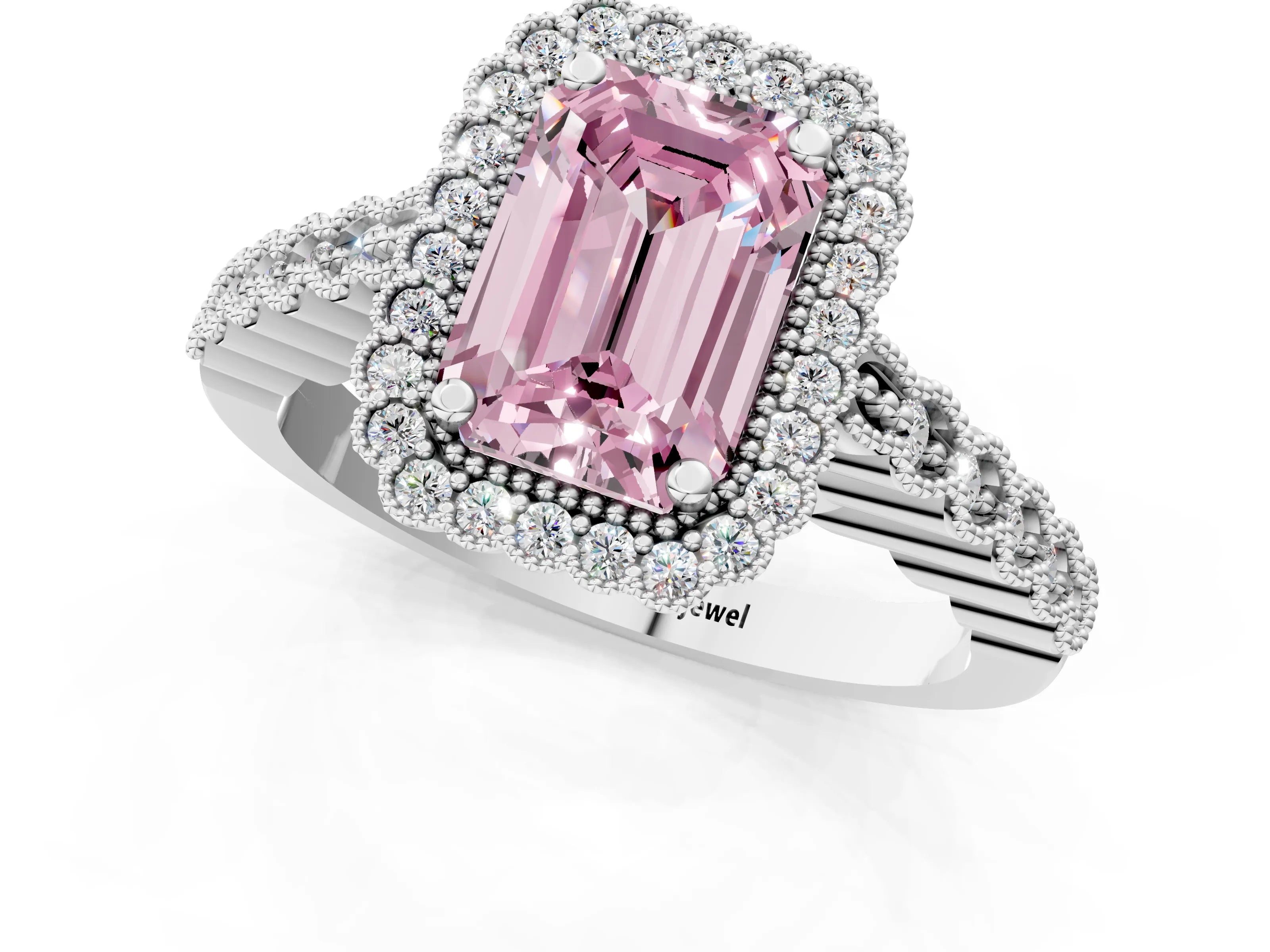 White gold Fancy Pink Emerald Cut Cut Halo Pavé Solitaire Ring with Milgrain Band_13