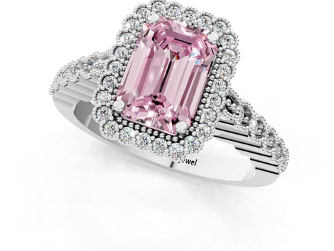 White gold Fancy Pink Emerald Cut Cut Halo Pavé Solitaire Ring with Milgrain Band_13