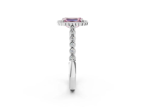White gold Fancy Pink Emerald Cut Cut Halo Pavé Solitaire Ring with Milgrain Band_14