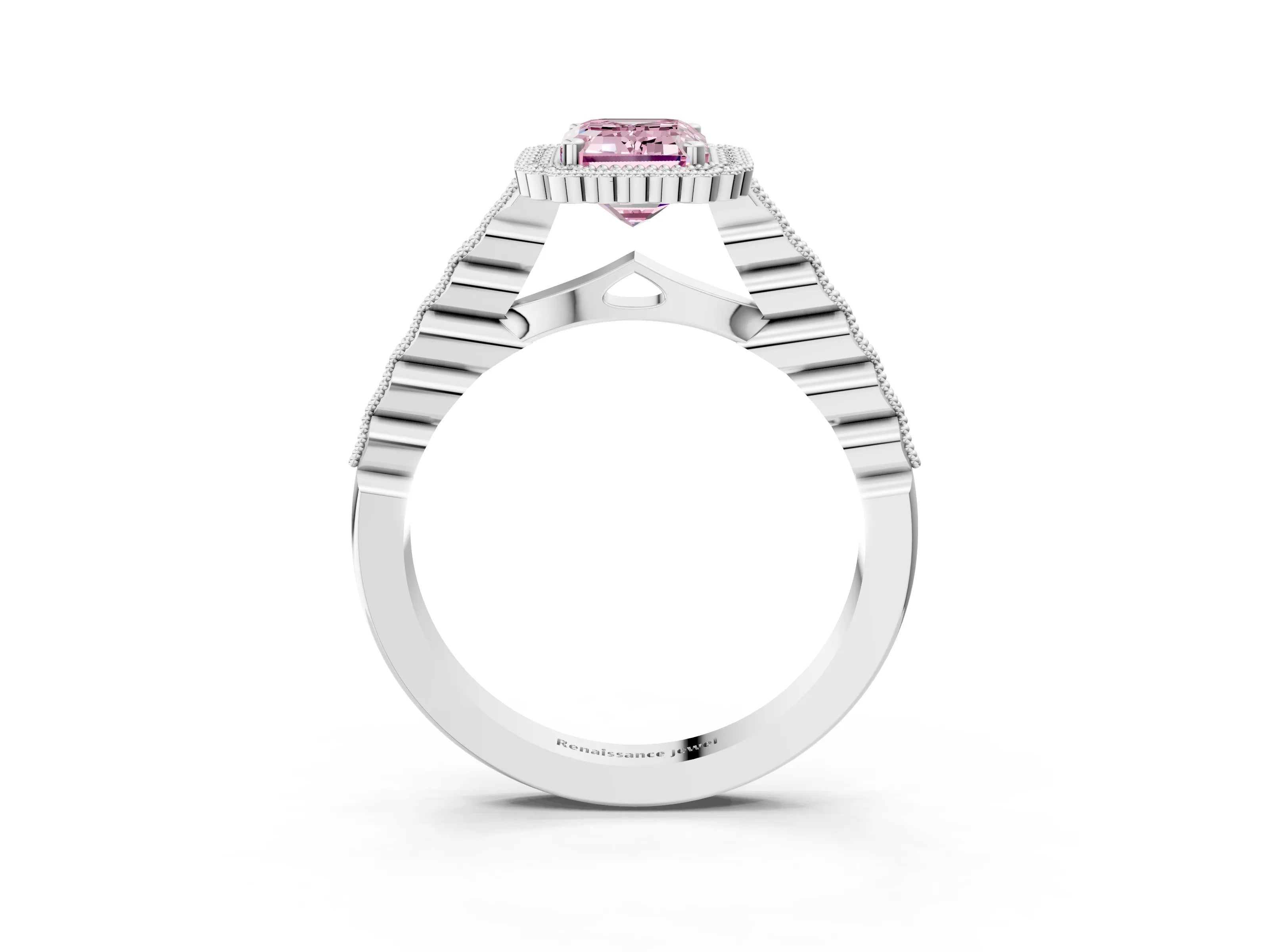 White gold Fancy Pink Emerald Cut Cut Halo Pavé Solitaire Ring with Milgrain Band_15