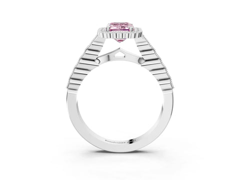 White gold Fancy Pink Emerald Cut Cut Halo Pavé Solitaire Ring with Milgrain Band_15