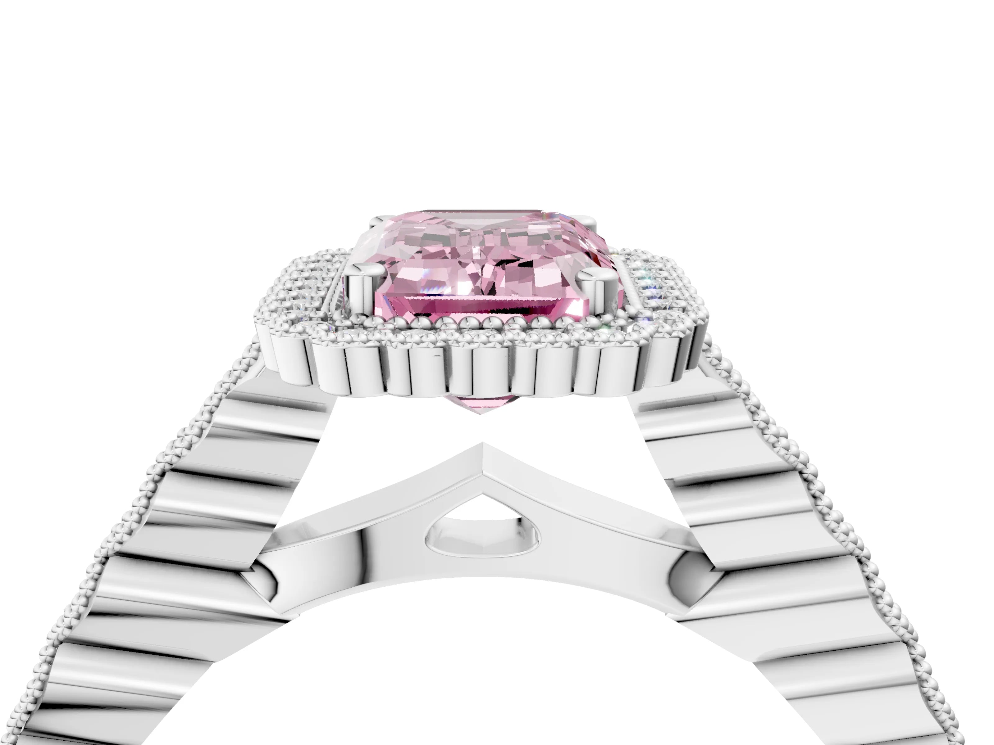 White gold Fancy Pink Emerald Cut Cut Halo Pavé Solitaire Ring with Milgrain Band_16
