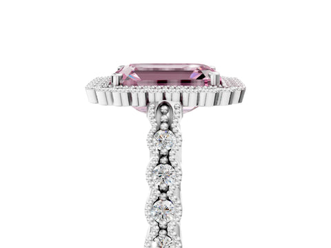 White gold Fancy Pink Emerald Cut Cut Halo Pavé Solitaire Ring with Milgrain Band_17