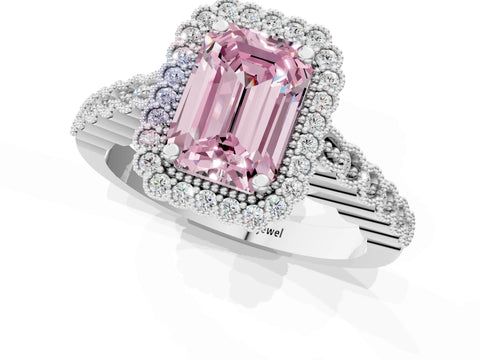 White gold Fancy Pink Emerald Cut Cut Halo Pavé Solitaire Ring with Milgrain Band_1