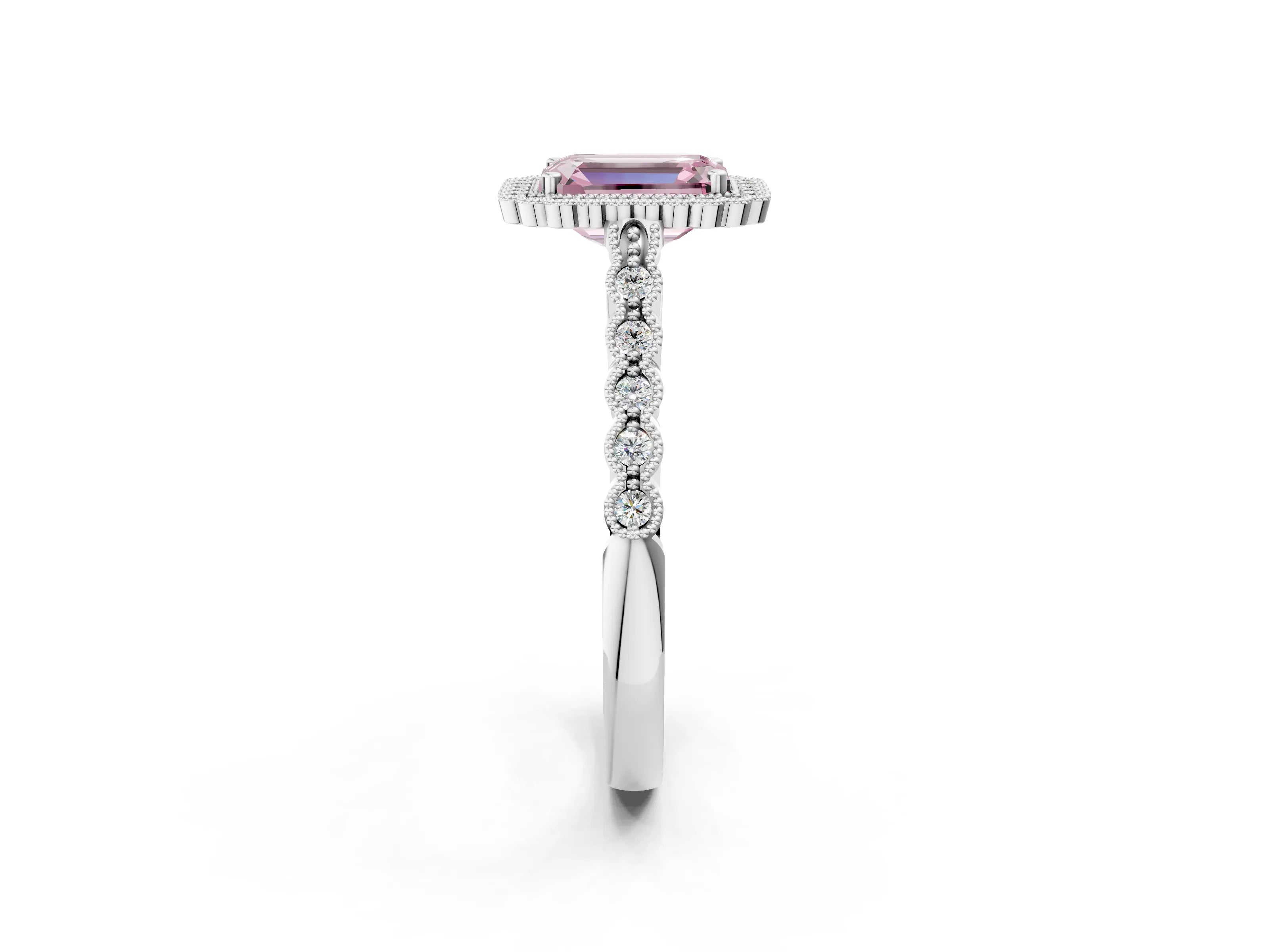 White gold Fancy Pink Emerald Cut Cut Halo Pavé Solitaire Ring with Milgrain Band_2