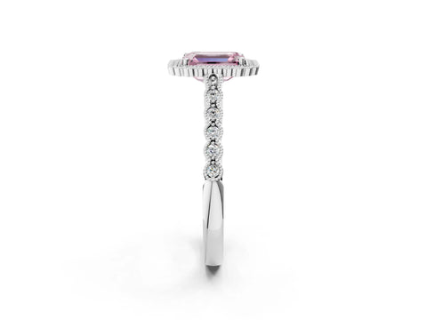 White gold Fancy Pink Emerald Cut Cut Halo Pavé Solitaire Ring with Milgrain Band_2