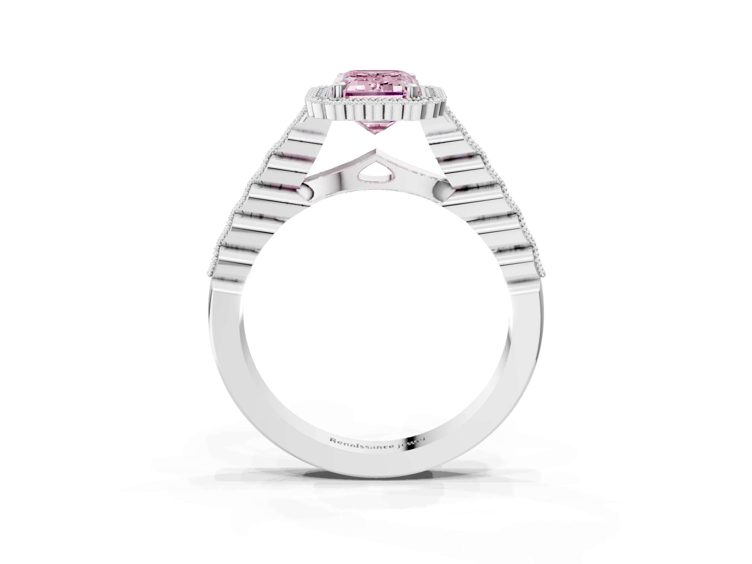 White gold Fancy Pink Emerald Cut Cut Halo Pavé Solitaire Ring with Milgrain Band_3