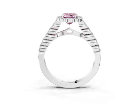 White gold Fancy Pink Emerald Cut Cut Halo Pavé Solitaire Ring with Milgrain Band_3