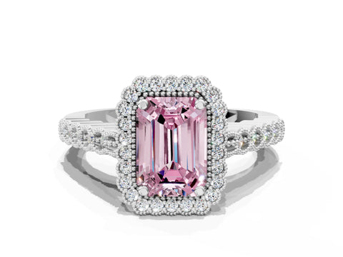 White gold Fancy Pink Emerald Cut Cut Halo Pavé Solitaire Ring with Milgrain Band