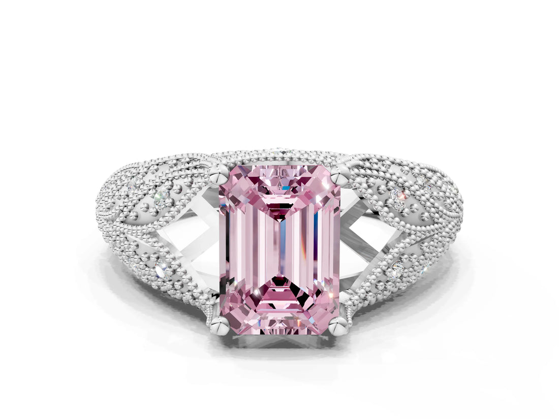 White gold Fancy Pink Emerald Cut Cut Milgrain Pave Diamond Engagement Ring with Four-Prong Setting_15